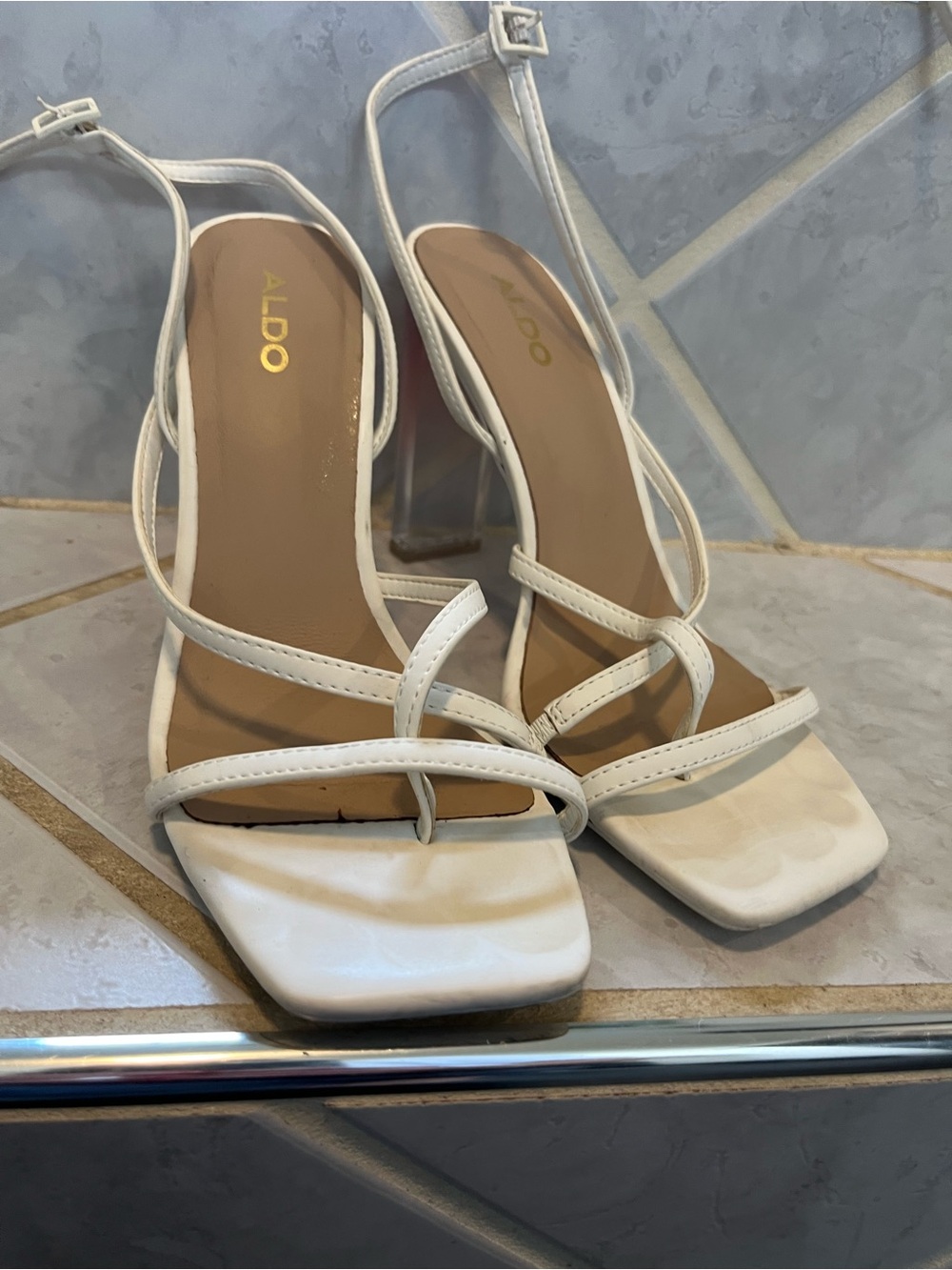 Aldo White Strappy Square-Toe Heeled Sandals